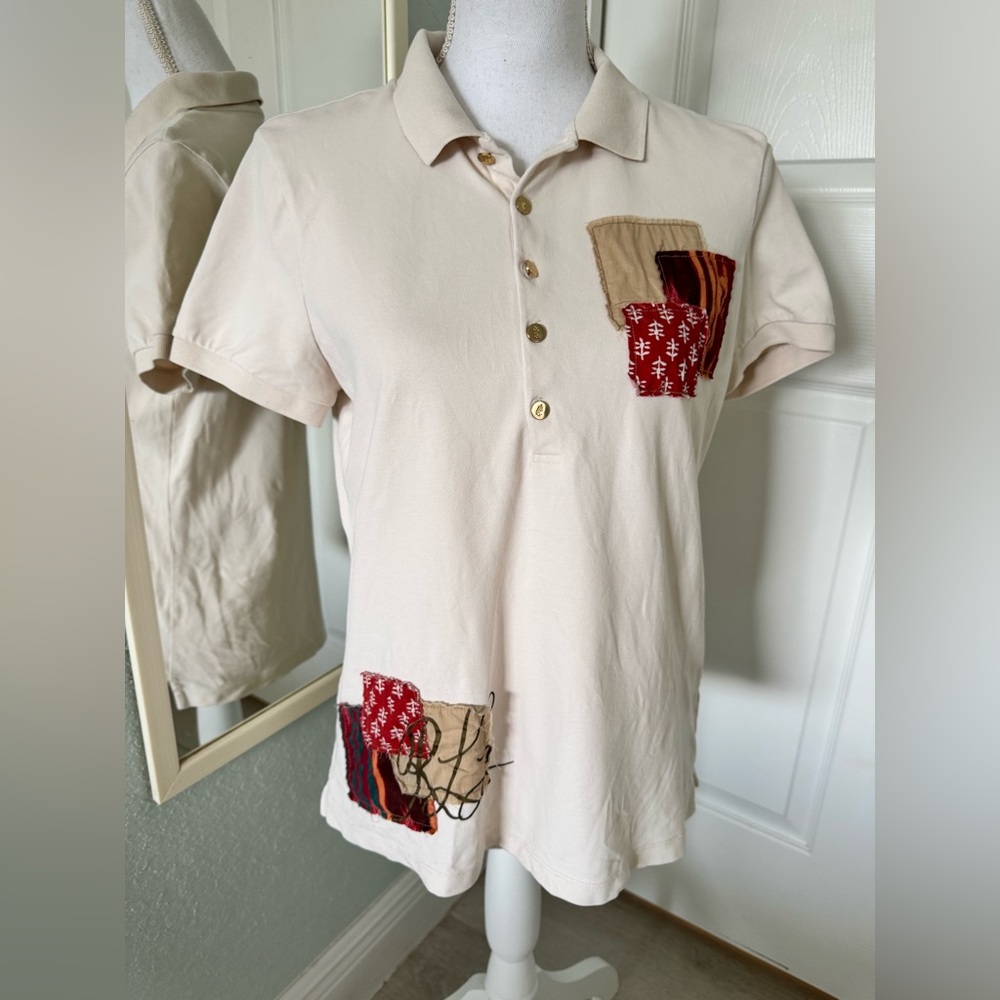 Ralph Lauren Patchwork Pique Polo Shirt Cream Cotton Womens PL